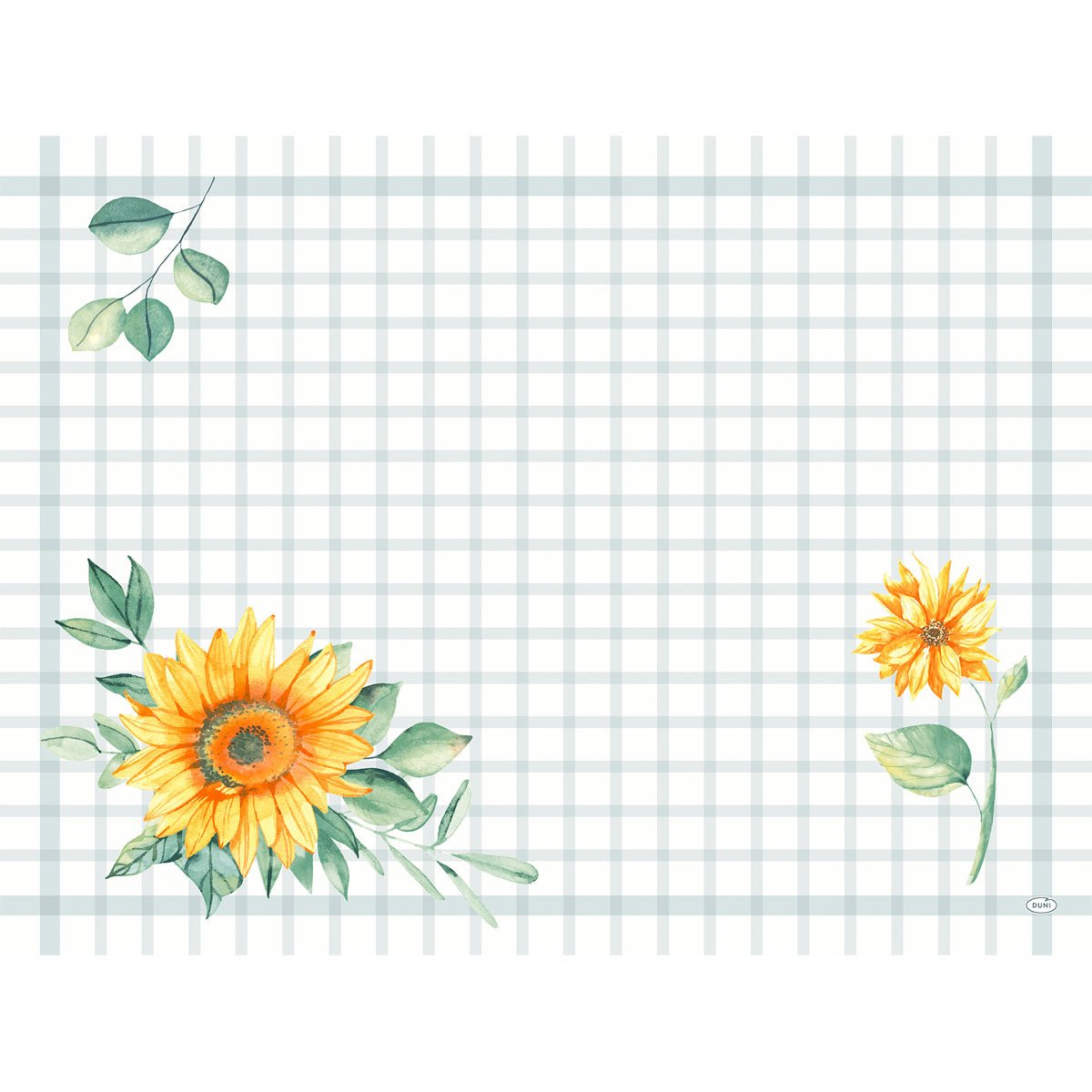 Les sets Dunicel 30 x 40 de la société Duni GmbH présentent un fond à carreaux bleu clair et blancs orné de deux tournesols jaunes et de feuilles vertes : un grand en bas à gauche et un plus petit dans le quadrant inférieur droit.