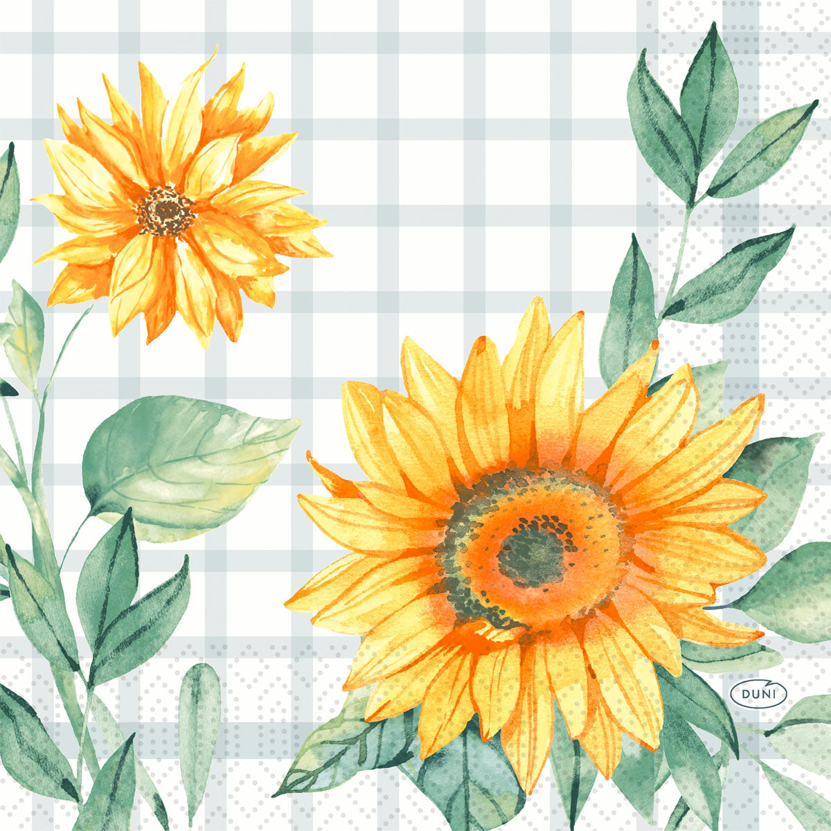 Erhellen Sie Ihre Tischdekoration mit Duni GmbH Serv.33x33 3lg 1/4 Sonnenblume-250er-Pack Servietten mit gelben Sonnenblumen und grünen Blättern in Aquarellfarben auf weißem und hellgrauem Hintergrund. Perfekt für jeden Anlass!.