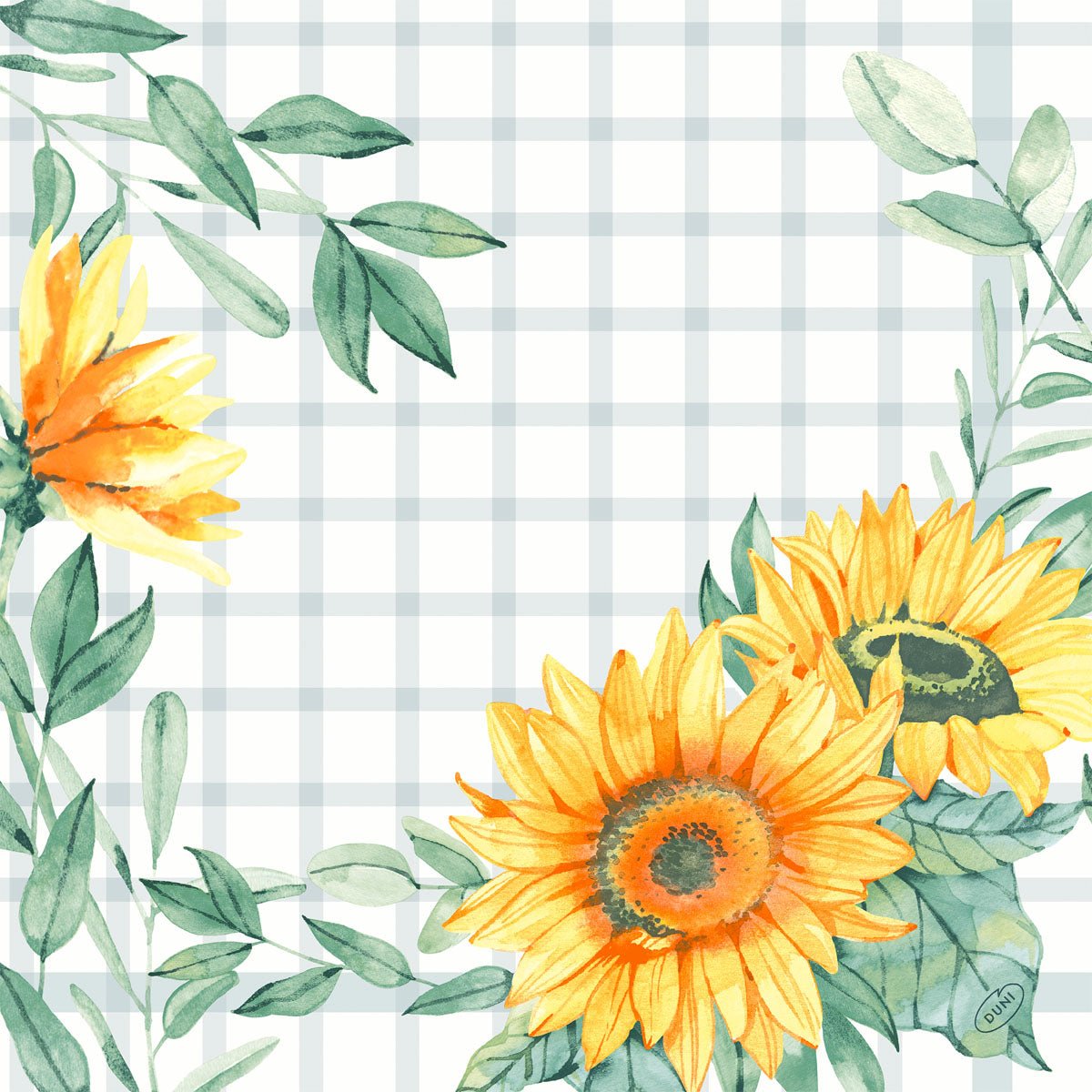 Illustration aquarelle de trois tournesols jaunes avec des feuilles vertes sur un fond blanc avec un motif à carreaux gris clair, idéale pour la décoration des serviettes Dunisoft 40x40cm de Duni GmbH pour un look de serviette doux et semblable à du tissu.