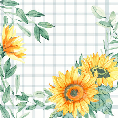 Illustration aquarelle de trois tournesols jaunes avec des feuilles vertes sur un fond blanc avec un motif à carreaux gris clair, idéale pour la décoration des serviettes Dunisoft 40x40cm de Duni GmbH pour un look de serviette doux et semblable à du tissu.