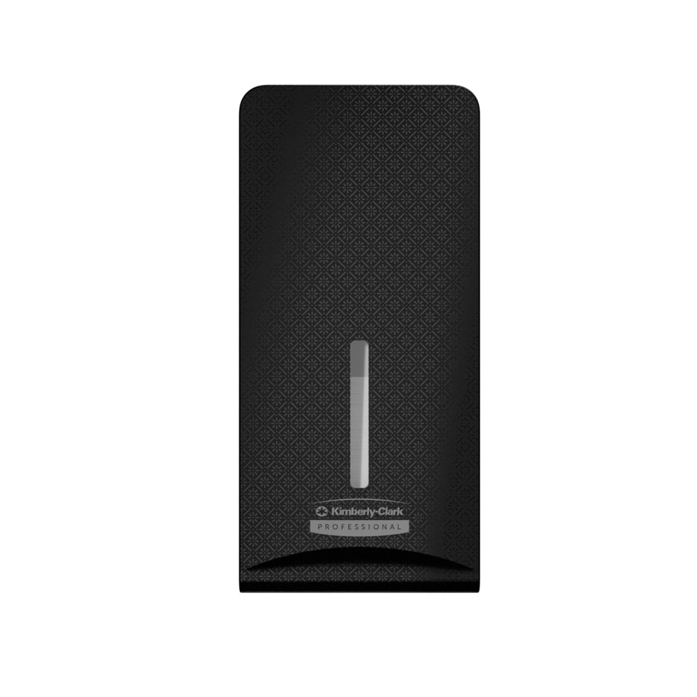 Die Kimberly-Clark Professional™ Icon™ Dispenser Faceplate - FTT (27,80 x 13,10 x 1,40 cm) von Kimberly-Clark GmbH zeichnet sich durch ein strukturiertes schwarzes Design mit einem vertikalen Fenster aus, ideal für moderne Waschräume, isoliert auf Weiß dargestellt.