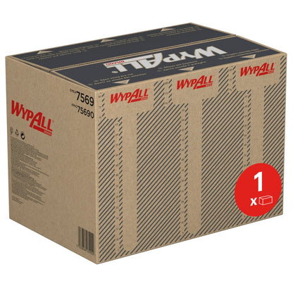 Un carton brun de Kimberly-Clark GmbH avec l'inscription "WypAll" contient des lingettes WypAll® ForceMax, bleues, pliées en quart, 33,50x34,50cm-1 boîte distributrice (480 feuilles). Avec un cercle rouge "1 x", des numéros de produit et des logos WypAll répétés sur le dessus.