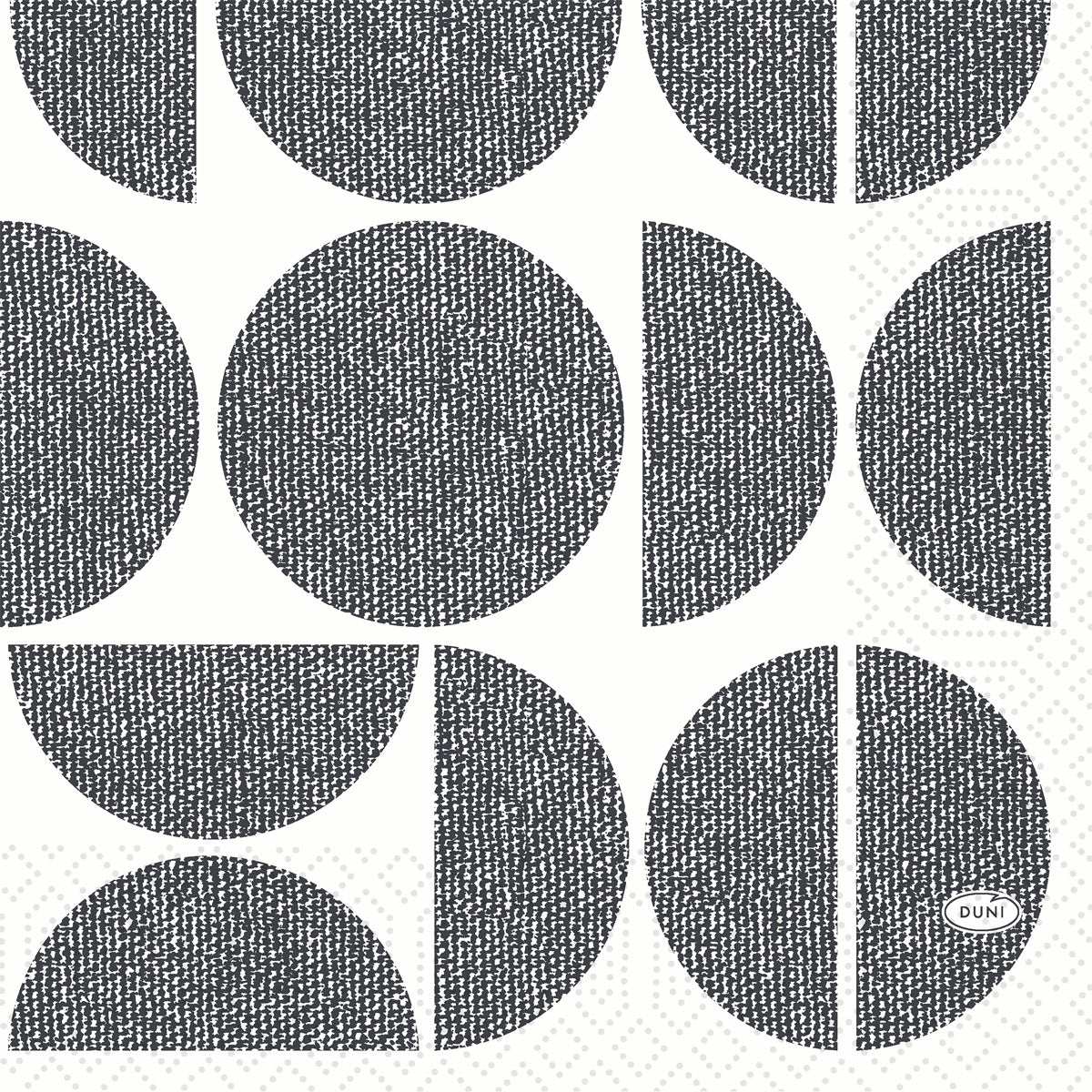 Die Duni GmbH Zellt.Serv.33x33 3lg 1/4 Formen zeigt schwarze strukturierte Kreise, Halbkreise und Viertelkreise auf Weiß, ein gewebtes Design und ein ovales "DUNI"-Logo, vielseitig einsetzbar. Größe: 33x33 cm. Packung: 250 Servietten.