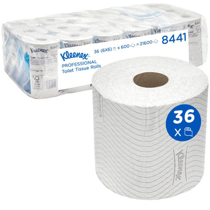 Un gros paquet de papier toilette Kleenex® de Kimberly-Clark GmbH : 6 paquets de 6 petits rouleaux chacun (600 feuilles par rouleau), illustré devant un carton. Sur l'emballage, on peut voir des informations sur le produit et le chiffre "36" dans un cercle bleu.