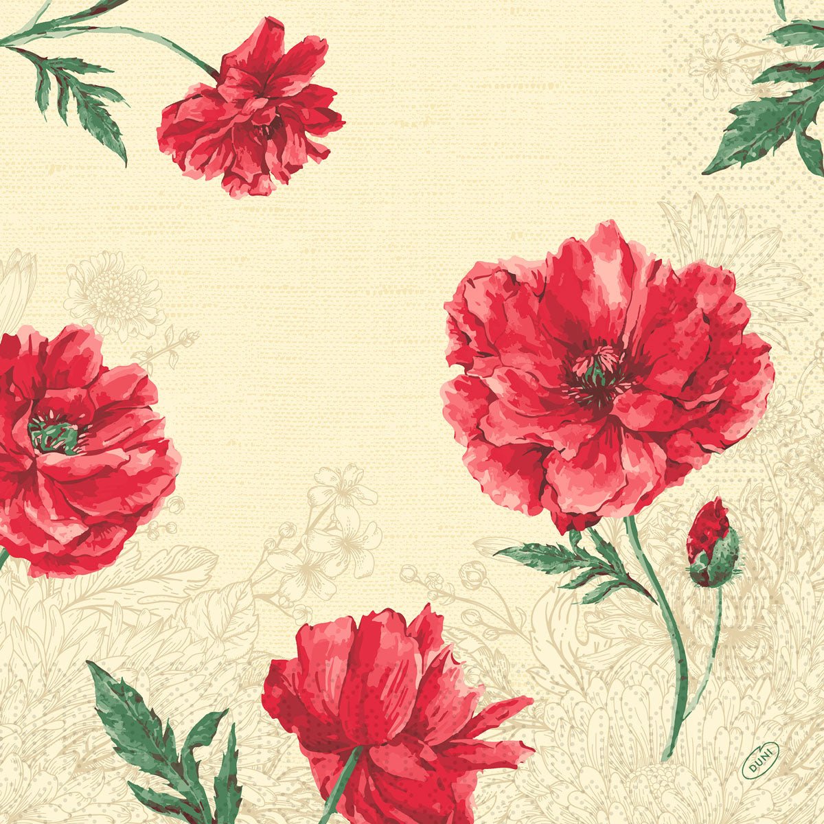 Design Monique peint à la main vintage : grandes fleurs rouges avec des feuilles vertes sur un fond floral délicat beige. Serviettes en cellulose Duni GmbH, 3 plis, 40x40 cm, paquet de 250 pièces.