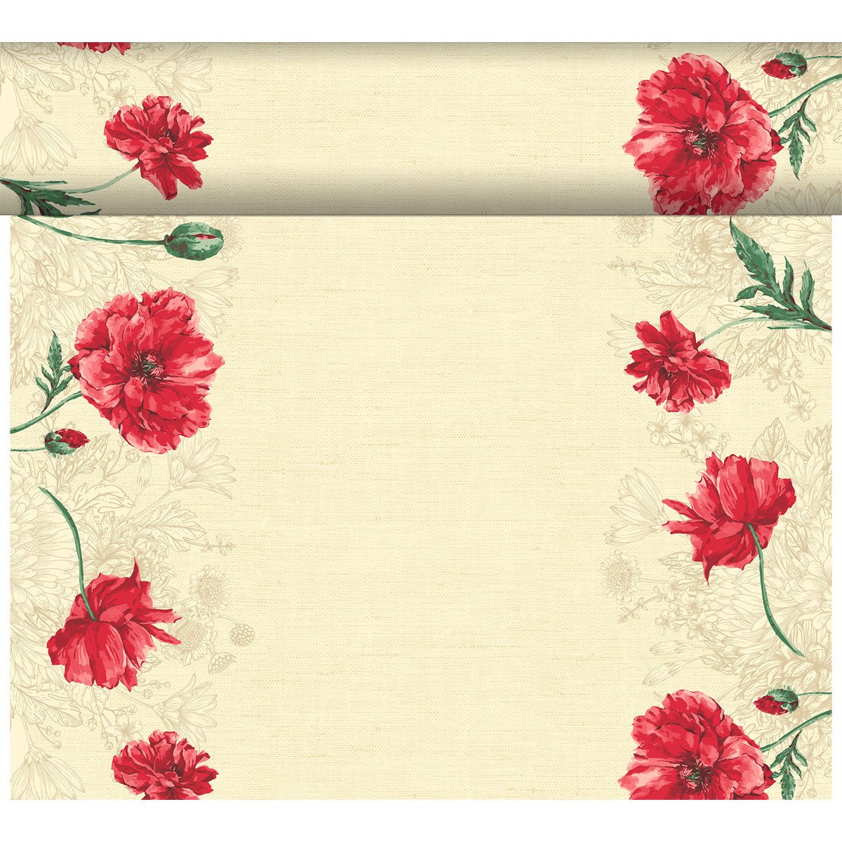 Le chemin de table Dunicel Tête-à-Tête 24 m x 0,4 m (20 sections) de Duni GmbH a un fond beige avec des coquelicots rouges et des tiges vertes sur les bords, idéal pour une décoration de table élégante ou une installation Tête-à-Tête charmante.