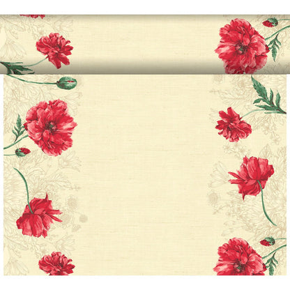 Le chemin de table Dunicel Tête-à-Tête 24 m x 0,4 m (20 sections) de Duni GmbH a un fond beige avec des coquelicots rouges et des tiges vertes sur les bords, idéal pour une décoration de table élégante ou une installation Tête-à-Tête charmante.
