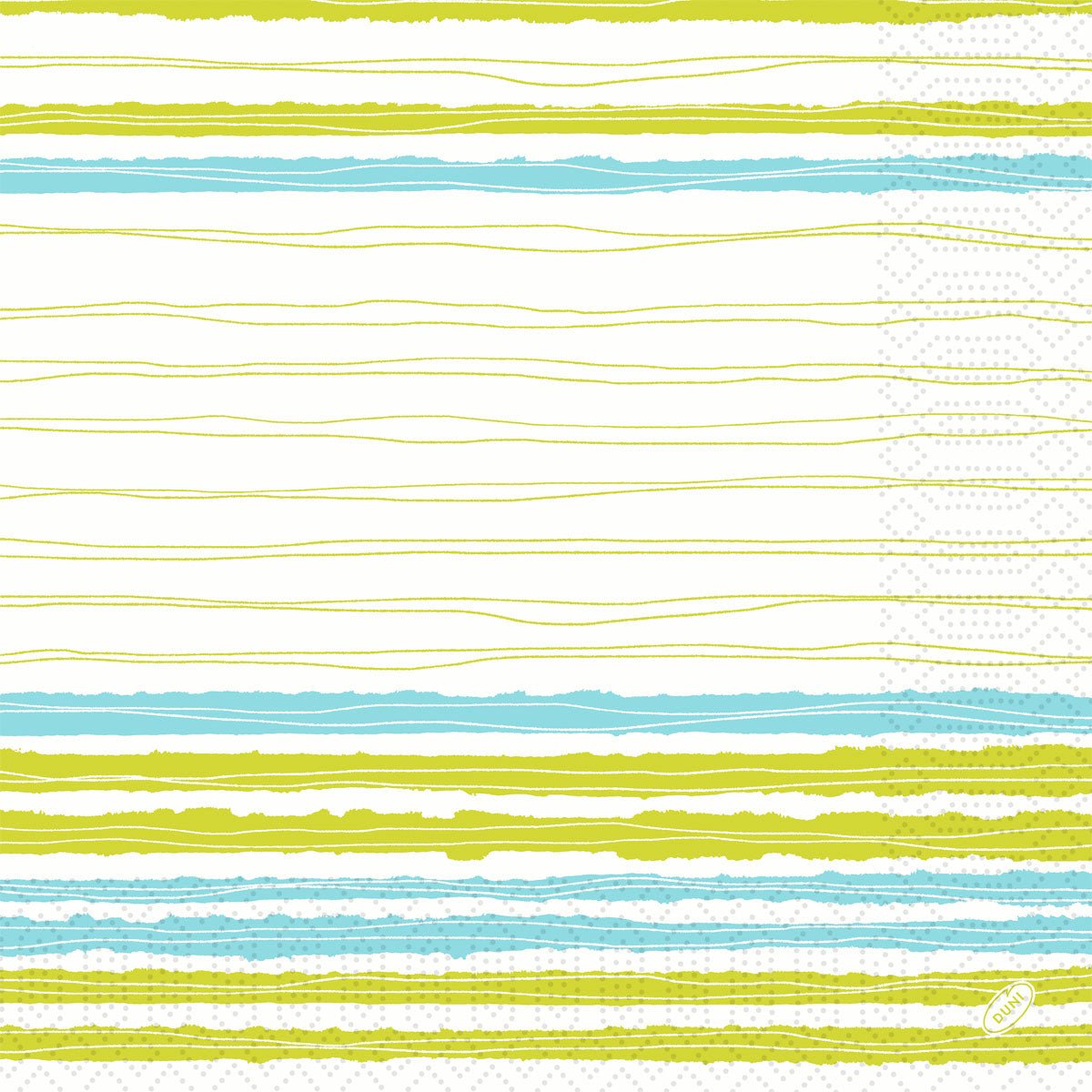 Les serviettes en cellulose Duni GmbH 40x40 cm, 3 plis, Elise Rayures montrent des rayures horizontales jaunes et bleu clair sur fond blanc avec un logo "Built" et sont livrées dans un paquet de 250 serviettes.