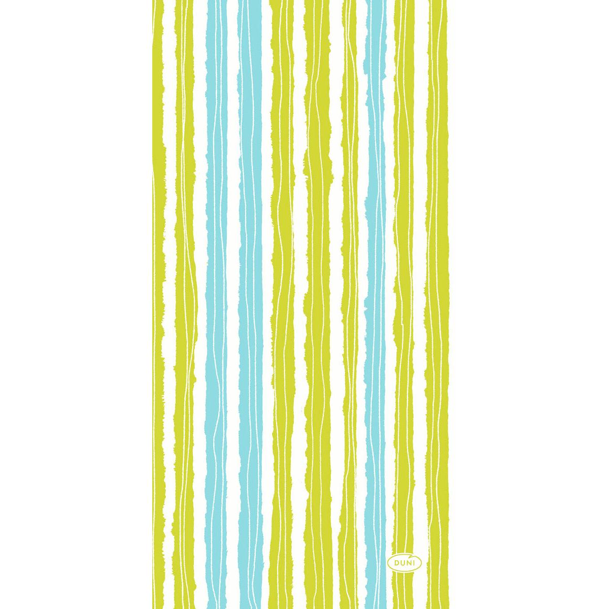 Les serviettes Dunisoft Elise Stripes 20x40 cm de Duni GmbH présentent des rayures longitudinales bleues et vertes inégales de différentes épaisseurs sur fond blanc ainsi qu'un petit ovale jaune "DUNI" en bas à droite. Le paquet contient 120 serviettes.