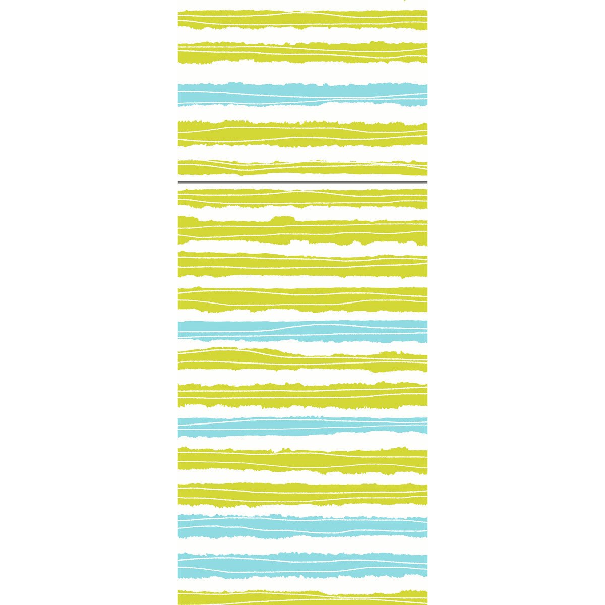 Un motif vertical de rayures inégales jaune-vert, bleu aqua et blanches avec des bords dessinés à la main sur fond blanc - parfait pour le Duniletto-Slim 40x33cm de Duni GmbH. La séquence de rayures se répète sur l'image.