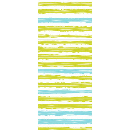 Un motif vertical de rayures inégales jaune-vert, bleu aqua et blanches avec des bords dessinés à la main sur fond blanc - parfait pour le Duniletto-Slim 40x33cm de Duni GmbH. La séquence de rayures se répète sur l'image.