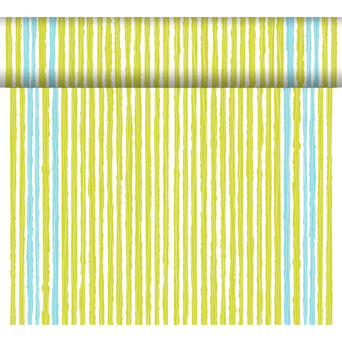 Un rouleau de papier peint avec des rayures longitudinales peintes à la main en jaune, vert et bleu clair - parfait pour des décorations de table créatives ou en combinaison avec le chemin de table Dunicel Tête-à-Tête 24 m x 0,4 m de Duni GmbH.