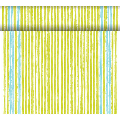 Un rouleau de papier peint avec des rayures longitudinales peintes à la main en jaune, vert et bleu clair - parfait pour des décorations de table créatives ou en combinaison avec le chemin de table Dunicel Tête-à-Tête 24 m x 0,4 m de Duni GmbH.