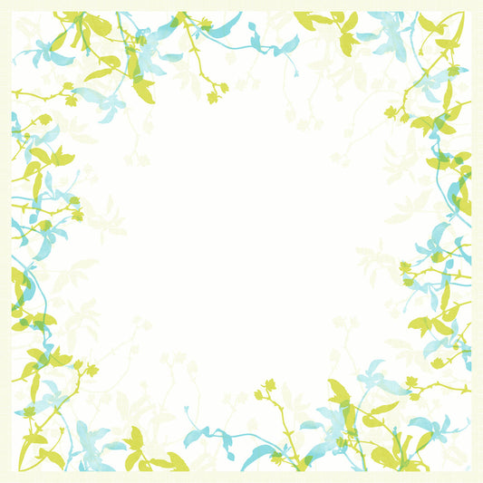 Eine quadratische Bordüre aus hellgrünen und blauen Blumen im Aquarellstil umrahmt die Dunisilk MD Tischdecke 84x84 cm Elise von Duni GmbH-hochwertige, wasserabweisende Tischdekoration im 20er Pack, deren zarte florale Konturen in die weiße Mitte übergehen.