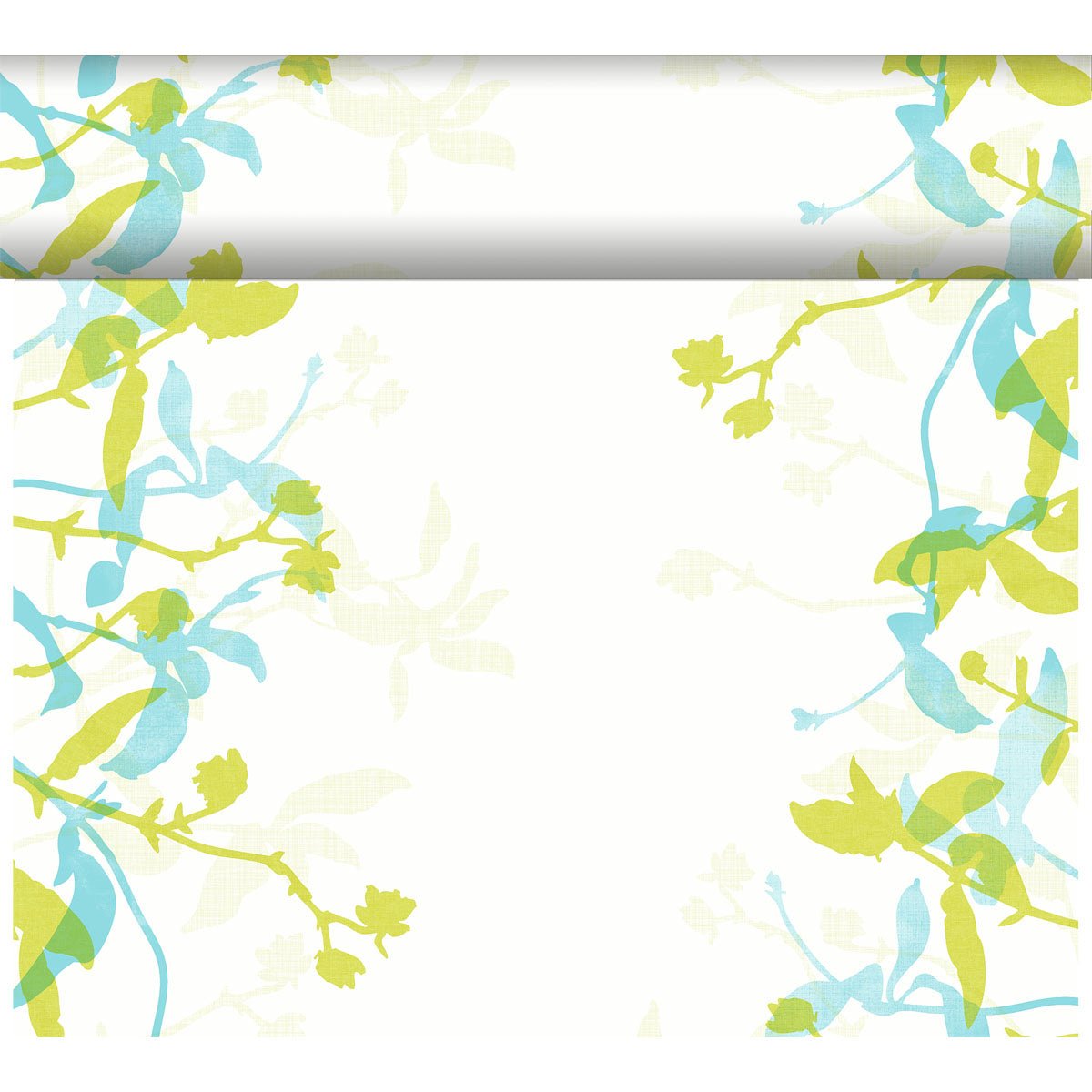 Un drap blanc avec une bordure florale verte et bleue sur trois côtés s'accorde parfaitement avec le chemin de table Dunicel Tête-à-Tête 24 m x 0,4 m (20 sections) de Duni GmbH, idéal pour une décoration de table élégante.