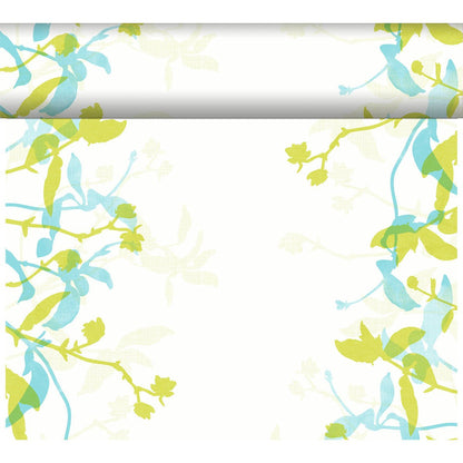 Un drap blanc avec une bordure florale verte et bleue sur trois côtés s'accorde parfaitement avec le chemin de table Dunicel Tête-à-Tête 24 m x 0,4 m (20 sections) de Duni GmbH, idéal pour une décoration de table élégante.