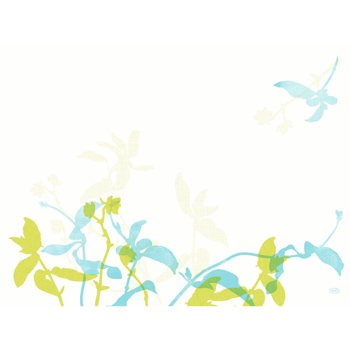 Tiges de plantes minimalistes vertes et bleu clair avec un oiseau bleu clair sur fond blanc - idéal pour les sets Dunicel 30x40 cm Elise de Duni GmbH. Sets de table de haute qualité pour événements, disponibles en paquet de 100 pièces.