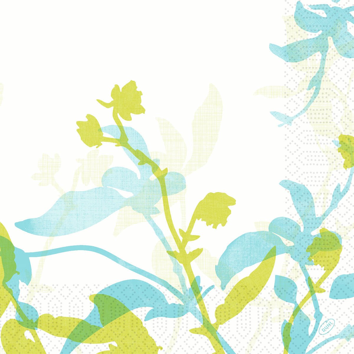 Silhouettes botaniques stylisées vertes et bleues sur fond blanc, avec des bordures géométriques pointillées subtiles - idéal pour les serviettes en cellulose Duni GmbH 40x40 cm, 3 plis, design Elise | Paquet (250 serviettes) créations.