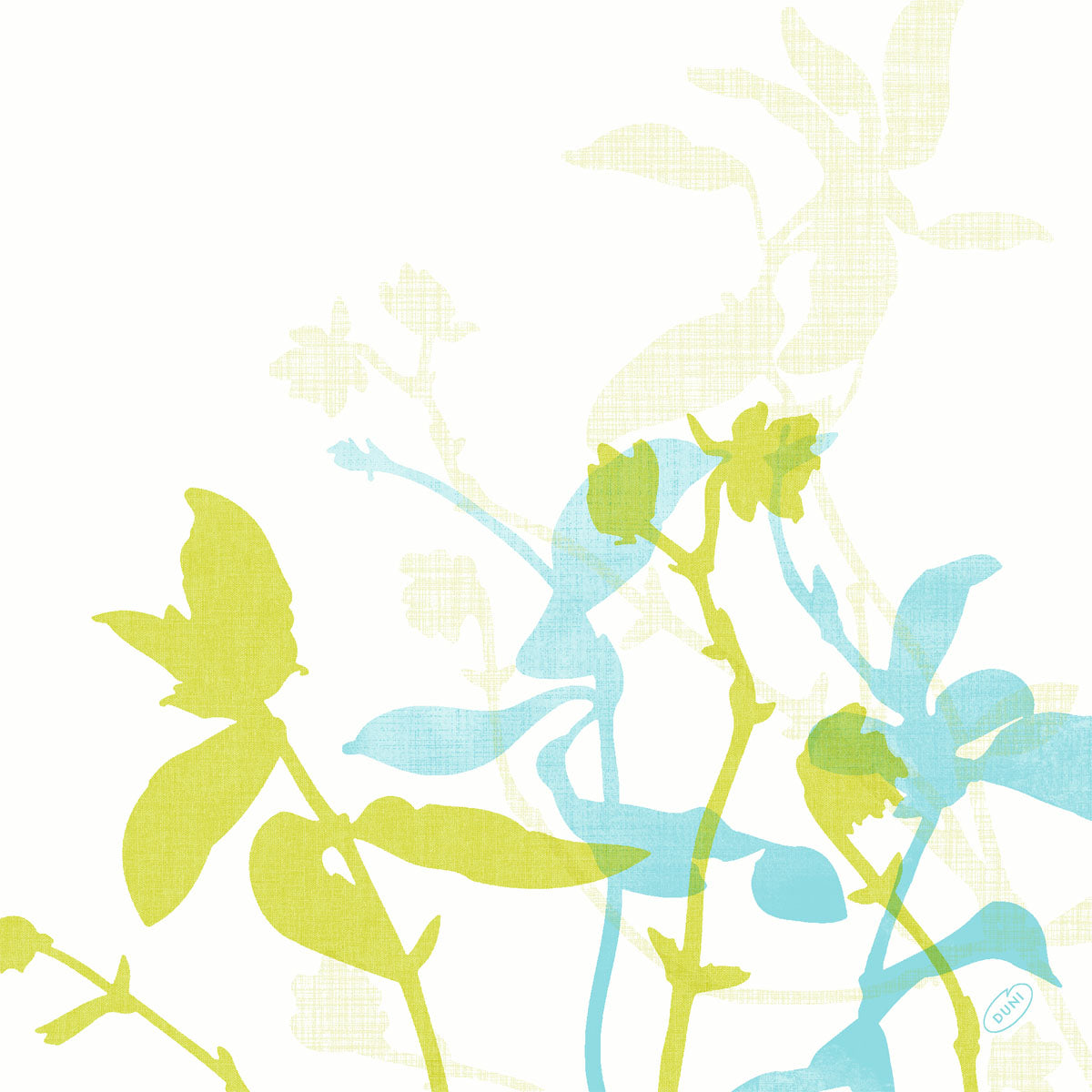 Stilisierte Pflanzenstängel und Blätter in Grün, Blau und Hellgelb überlagern sich auf Weiß. Ein kleines blaues Stempeldetail markiert den unteren rechten Rand - ideal für Dunisoft-Servietten 40 x 40 cm 1/4 Falz der Duni GmbH.