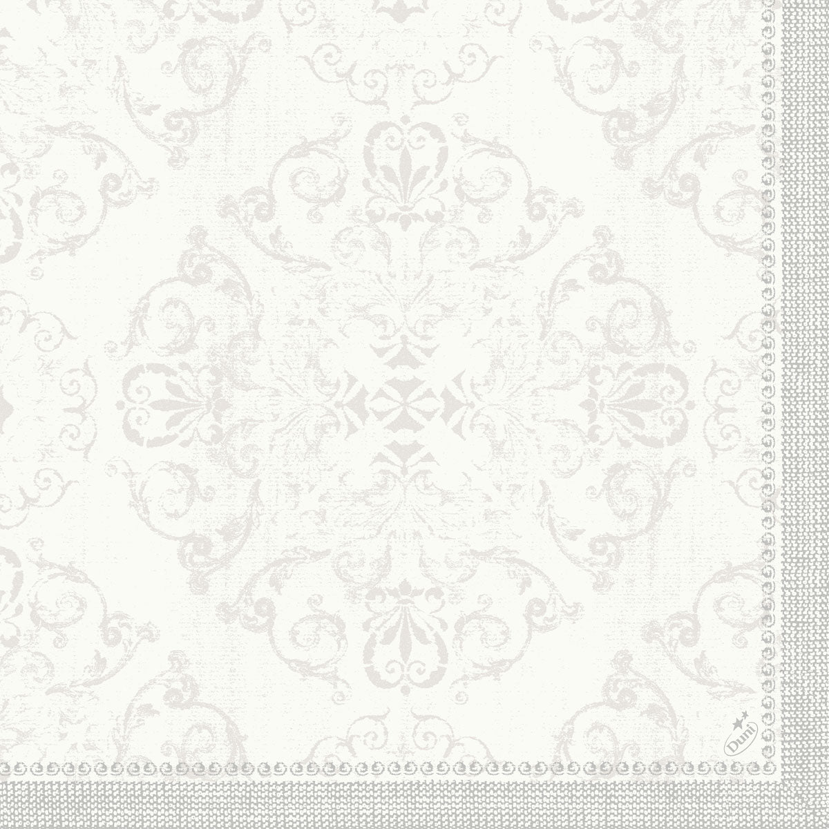 Les serviettes Dunilin 40 x 40 cm 1/4 pli de Duni GmbH présentent un motif floral et de volutes léger et ornemental avec des points et des cercles décoratifs, ajoutant une touche discrète et élégante à toute table avec ces serviettes de haute qualité.