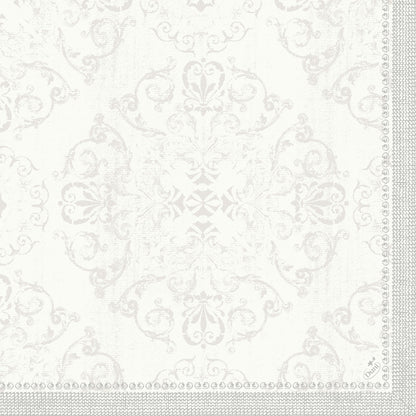 Les serviettes Dunilin 40 x 40 cm 1/4 pli de Duni GmbH présentent un motif floral et de volutes léger et ornemental avec des points et des cercles décoratifs, ajoutant une touche discrète et élégante à toute table avec ces serviettes de haute qualité.
