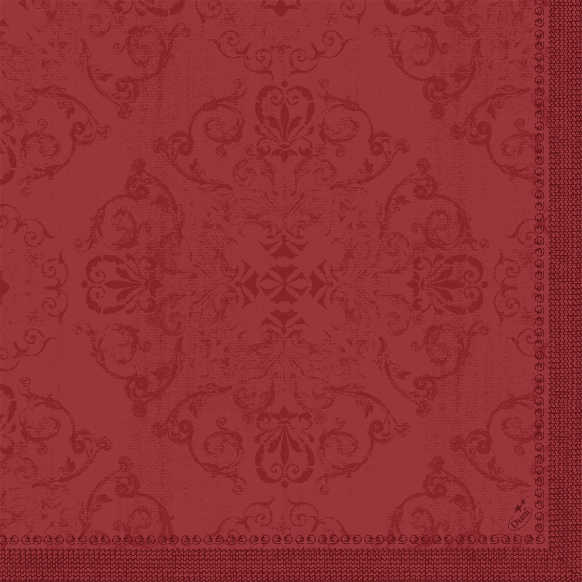 Les serviettes Dunilin 40 x 40 cm 1/4 pli de Duni GmbH se distinguent par un motif floral et de volutes rouge, orné et symétrique avec un aspect structuré et une bordure décorative sur le bord droit et inférieur - parfait pour une table dressée.