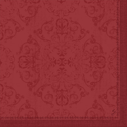Les serviettes Dunilin 40 x 40 cm 1/4 pli de Duni GmbH se distinguent par un motif floral et de volutes rouge, orné et symétrique avec un aspect structuré et une bordure décorative sur le bord droit et inférieur - parfait pour une table dressée.