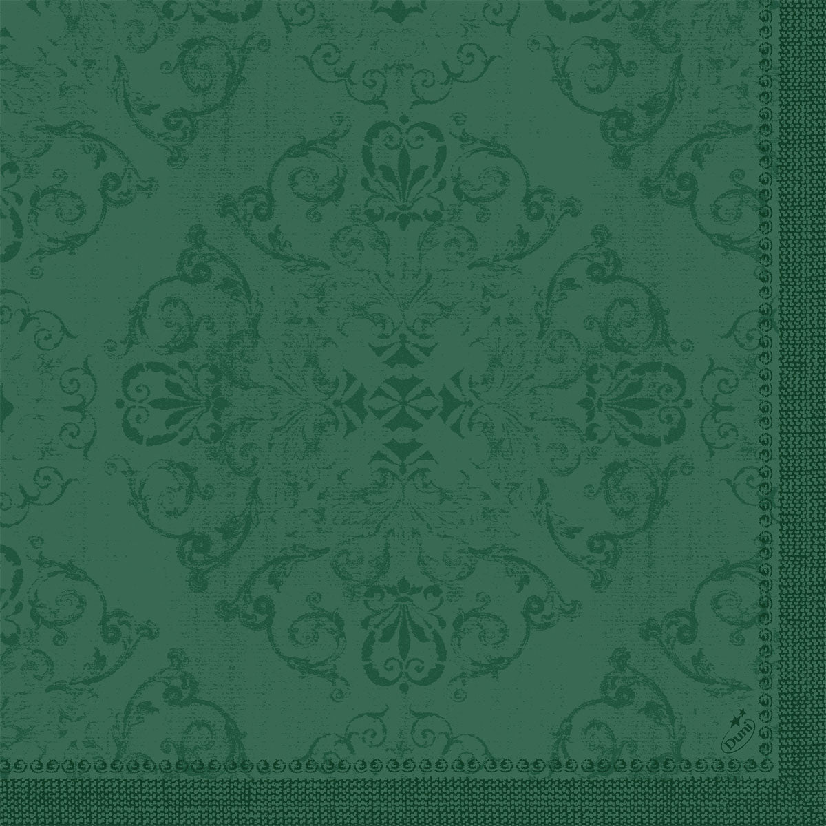 Les serviettes Dunilin 40 x 40 cm 1/4 pli de Duni GmbH présentent un motif floral et de volutes vert orné avec une bordure décorative sur deux bords et un aspect légèrement estompé - parfait pour une table dressée.