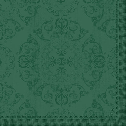 Les serviettes Dunilin 40 x 40 cm 1/4 pli de Duni GmbH présentent un motif floral et de volutes vert orné avec une bordure décorative sur deux bords et un aspect légèrement estompé - parfait pour une table dressée.