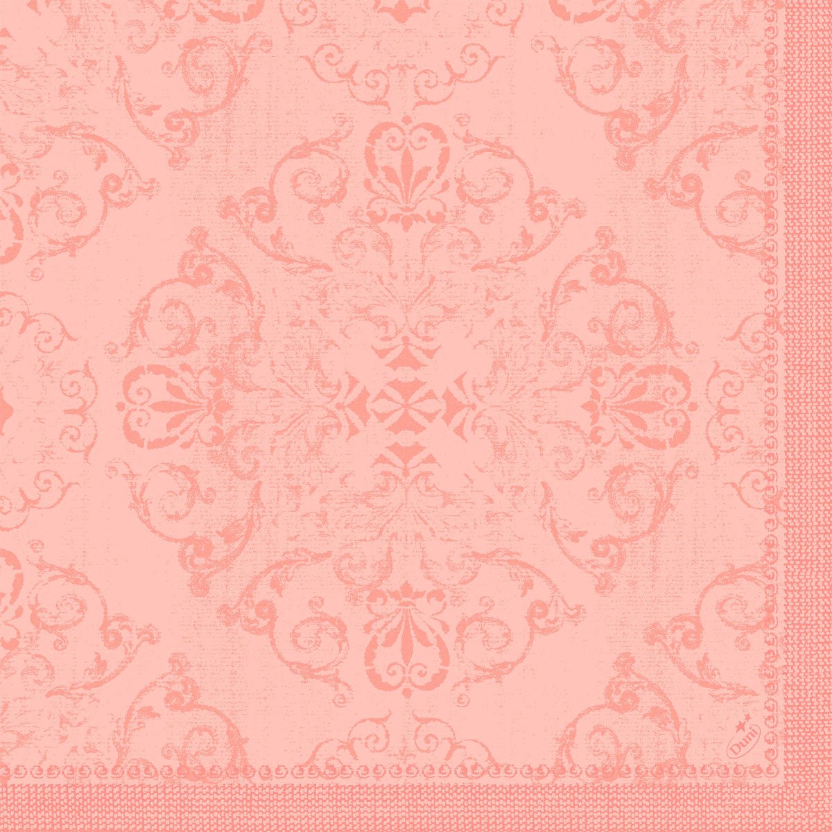 Les serviettes Dunilin 40 x 40 cm 1/4 pli de Duni GmbH présentent un motif damassé ornemental rose avec des motifs floraux et de volutes, encadré de deux côtés. La texture légèrement vieillie lui confère une élégance parfaite pour des tables dressées avec style.