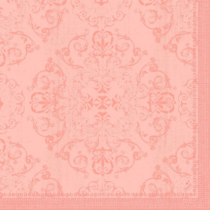 Les serviettes Dunilin 40 x 40 cm 1/4 pli de Duni GmbH présentent un motif damassé ornemental rose avec des motifs floraux et de volutes, encadré de deux côtés. La texture légèrement vieillie lui confère une élégance parfaite pour des tables dressées avec style.