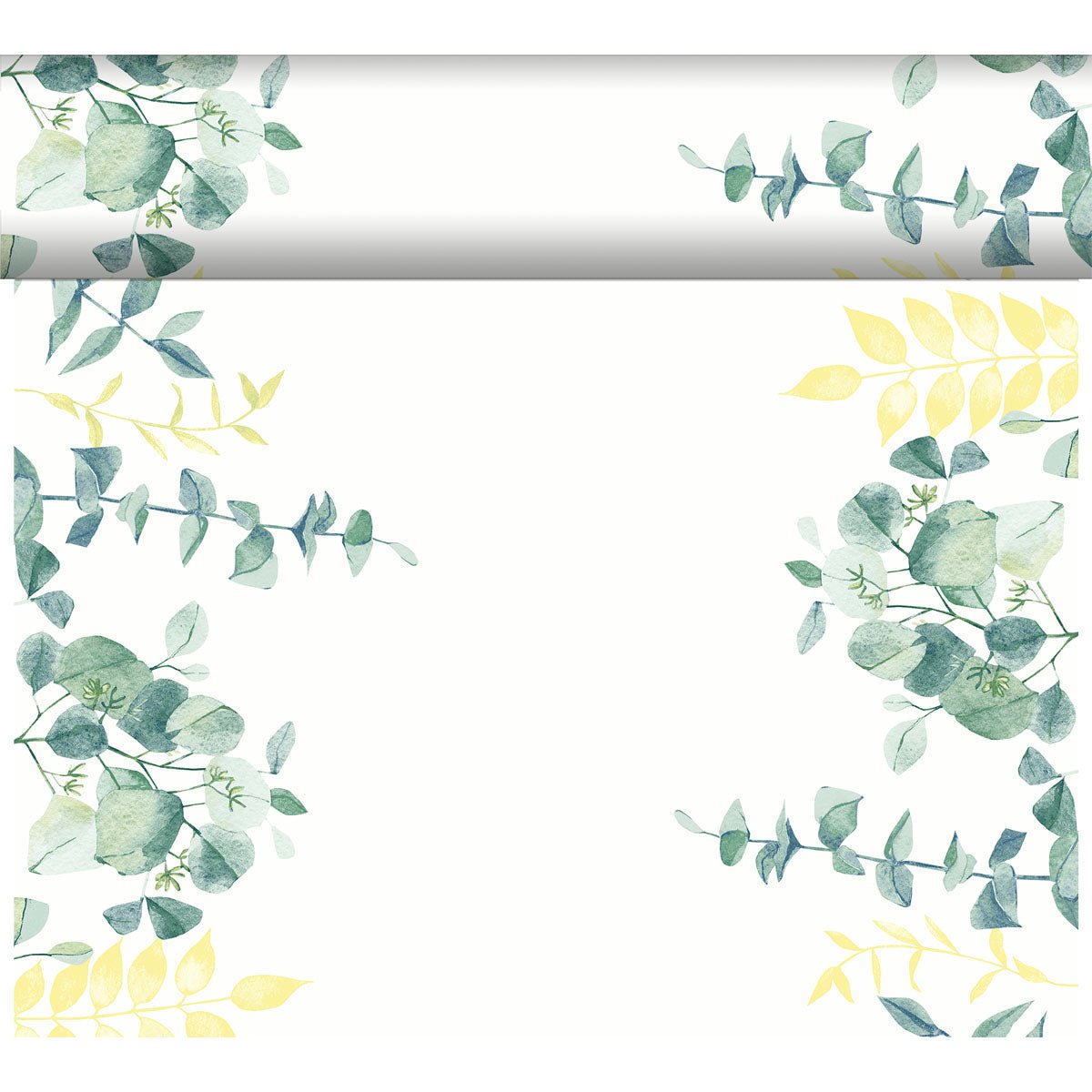 Cadre rectangulaire blanc avec des feuilles d'eucalyptus vertes et jaunes en style aquarelle avec le chemin de table Dunicel Tête-à-Tête 24 m x 0,4 m (20 sections) de Duni GmbH - idéal pour une décoration de table élégante.