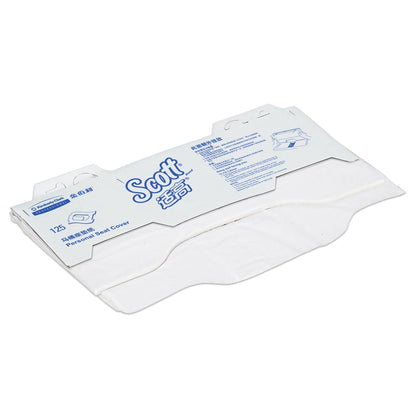 Eine teilweise geöffnete Packung Scott® Toilettensitzauflagen - Weiß (Kimberly-Clark GmbH), 24 Beutel x 125 Packungen/Karton, offenbart weiße Sitzbezüge im Inneren; perfekt für hygienische Toilettennutzung.