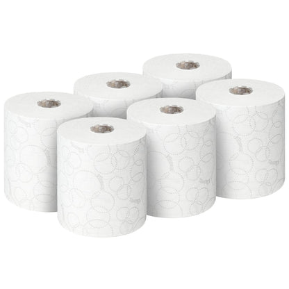 Sechs Rollen Kleenex® ULTRA™ Handtücher, je 150m, von Kimberly-Clark GmbH sind auf einfarbig weißem Hintergrund abgebildet - ideal zum hygienischen Händetrocknen. Jede Packung enthält 6 weiße Rollen.