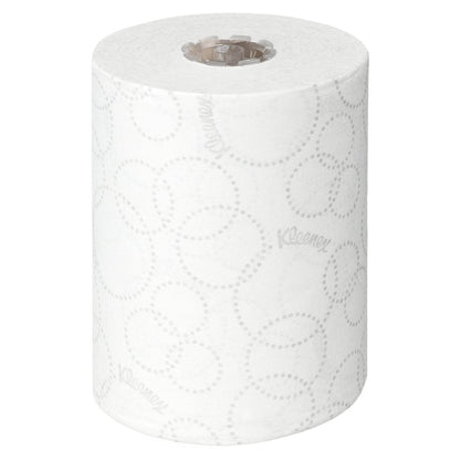 Un seul rouleau blanc de serviette Kleenex® Ultra™ Slimroll™ de Kimberly-Clark GmbH se tient debout et est orné d'un motif à pois - idéal pour les systèmes de distribution étroits. Emballage : 6 rouleaux par carton.
