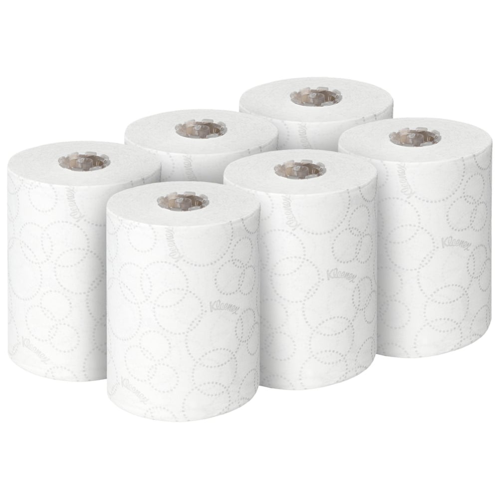 Six rouleaux blancs de serviettes Kleenex® Ultra™ Slimroll™ de Kimberly-Clark GmbH sont disposés en deux rangées de trois - idéal pour les systèmes de distribution étroits - sur un fond blanc simple.