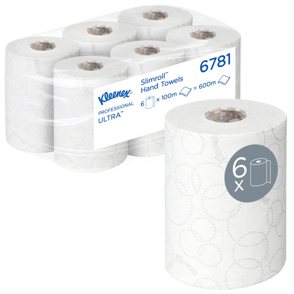 Un carton contenant 6 rouleaux de serviettes Kleenex® Ultra™ Slimroll™ de Kimberly-Clark GmbH, chaque rouleau blanc de 100m, idéal pour les systèmes de distribution étroits. Un rouleau est représenté séparément avec un "6x" et un symbole de rouleau sur l'étiquette.