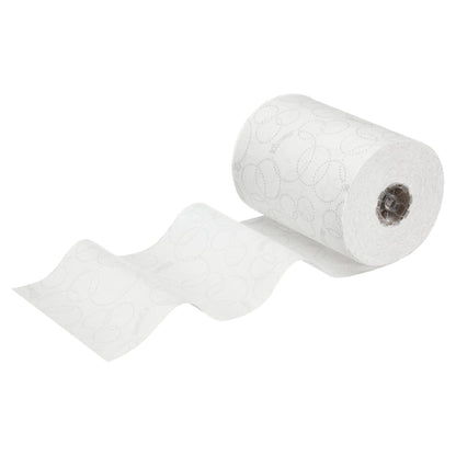 Un rouleau blanc de serviettes Kleenex® Ultra™ Slimroll™ de Kimberly-Clark GmbH, partiellement déroulé avec des tourbillons gaufrés, idéal pour les systèmes de distribution étroits ou à utiliser avec d'autres produits Ultra™ Slimroll™. Emballage : 6 rouleaux par carton.
