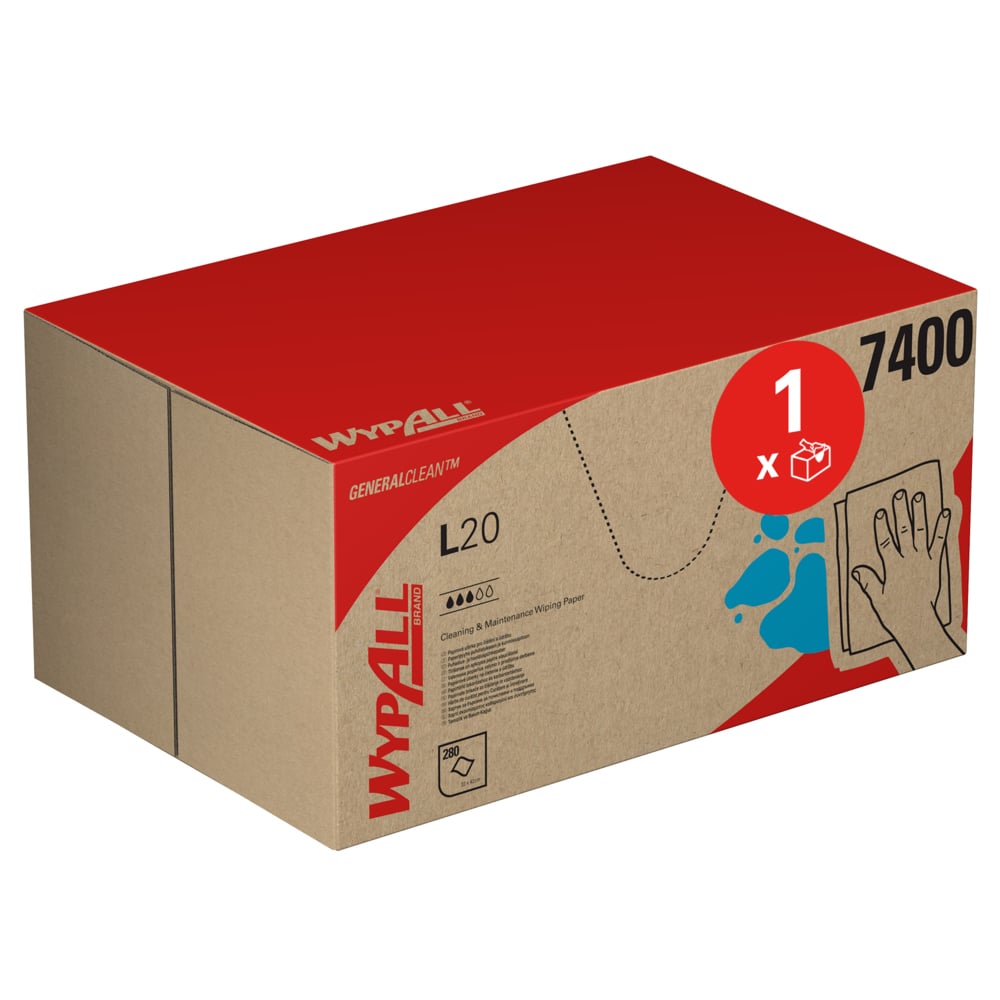 Une boîte bleue WypAll® L20 General Clean BRAG™ de Kimberly-Clark GmbH avec branding et symboles montre qu'elle contient 280 lingettes de nettoyage pour un usage général et industriel. Sur le côté droit de la boîte, on voit l'image d'une main essuyant une surface.