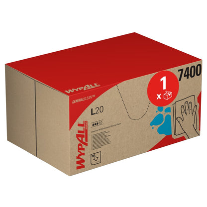 Une boîte bleue WypAll® L20 General Clean BRAG™ de Kimberly-Clark GmbH avec branding et symboles montre qu'elle contient 280 lingettes de nettoyage pour un usage général et industriel. Sur le côté droit de la boîte, on voit l'image d'une main essuyant une surface.