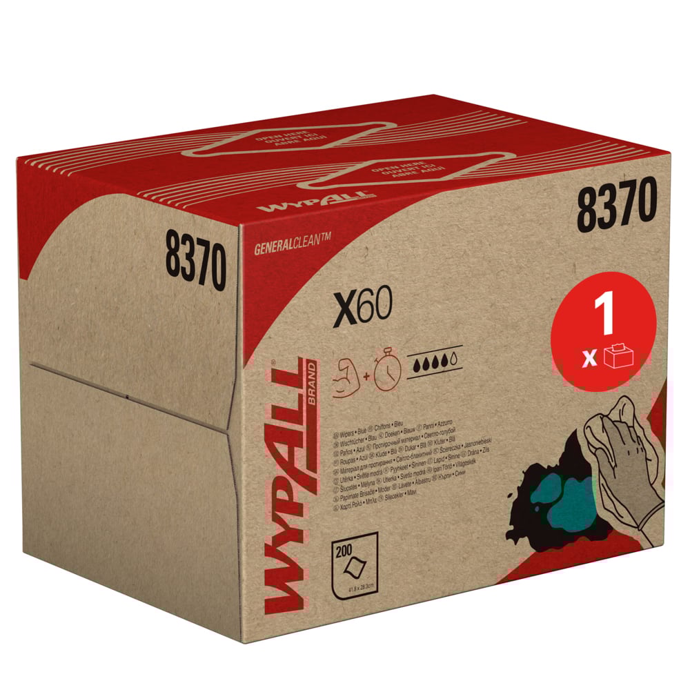 Die WypAll® X60 General Clean BRAG™ Box der Kimberly-Clark GmbH (41,80 cm x 28,30 cm) enthält 200 Tücher pro Box, ist mit Hand- und Wassertropfengrafiken versehen und in einer rotbraunen Verpackung verpackt, die die vielseitige Reinigung hervorhebt.
