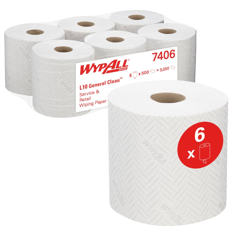 Six rouleaux de papier essuie-tout WypAll® L10 de Kimberly-Clark GmbH pour les services et le commerce de détail sont illustrés. Chaque rouleau Centrefeed (38 x 18,3 cm) contient 500 feuilles, soit un total de 3 000 feuilles par paquet - idéal pour les distributeurs Reach+™.