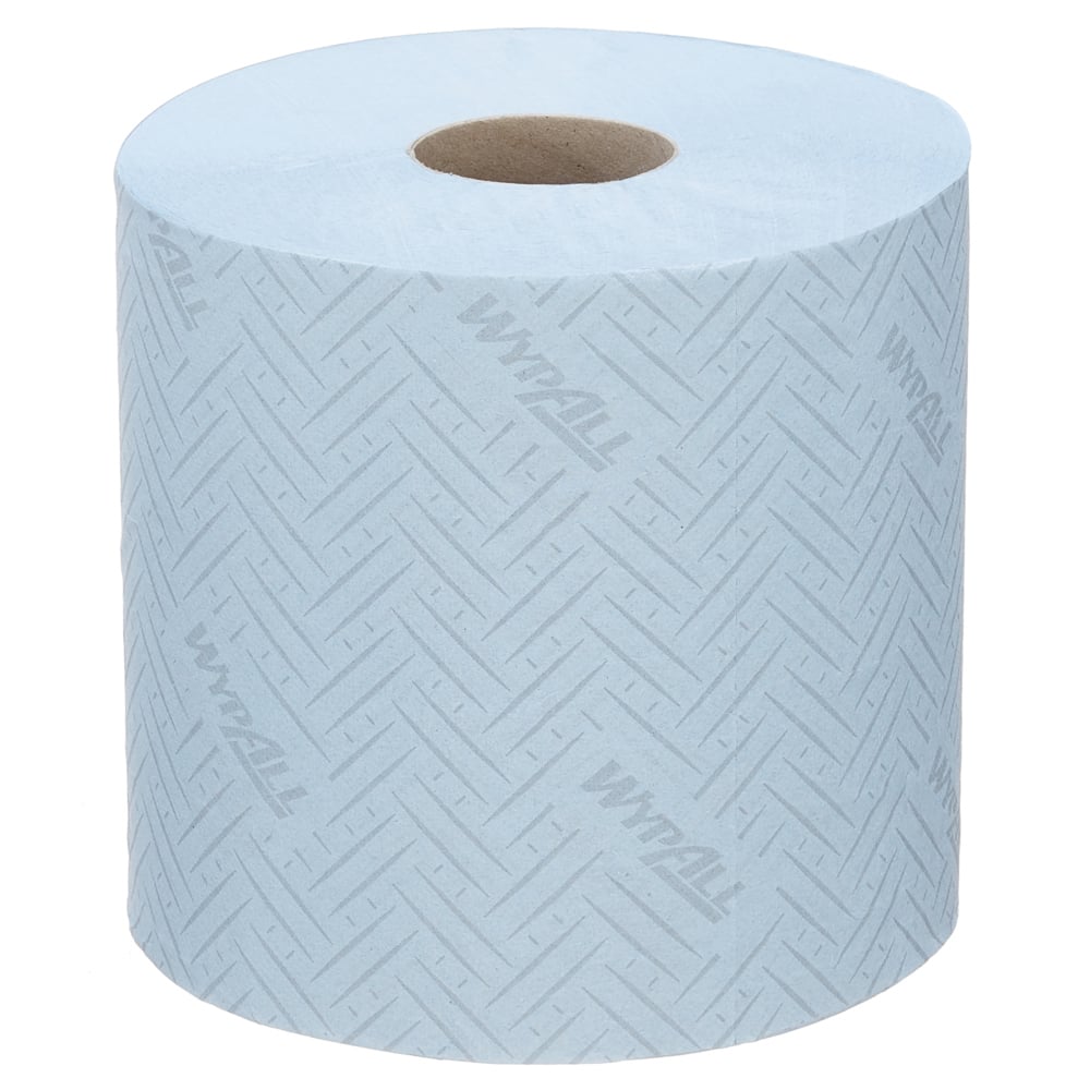 Le chiffon en papier WypAll® L20 de Kimberly-Clark GmbH est un chiffon bleu clair pour les tâches de nettoyage industriel, dans un système pratique de distribution centrale (38,00 cm x 18,30 cm) avec vue sur le noyau brun.