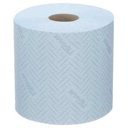 Le chiffon en papier WypAll® L20 de Kimberly-Clark GmbH est un chiffon bleu clair pour les tâches de nettoyage industriel, dans un système pratique de distribution centrale (38,00 cm x 18,30 cm) avec vue sur le noyau brun.