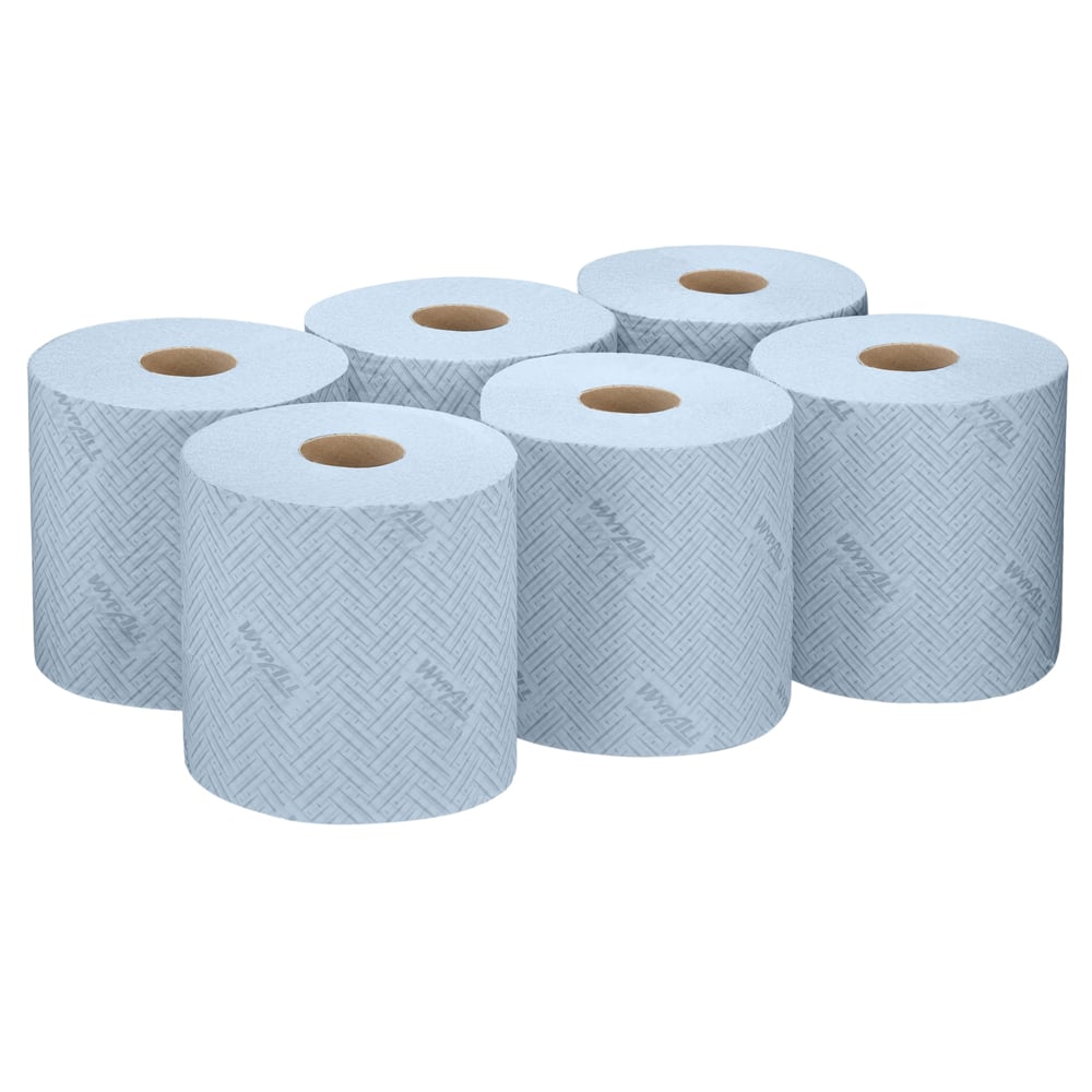 Six chiffons en papier WypAll® L20 pour les tâches de nettoyage industriel - distribution centrale (38,00 cm x 18,30 cm) de Kimberly-Clark GmbH sont disposés en deux rangées de trois avec le centre en carton brun visible sur un fond blanc uni.