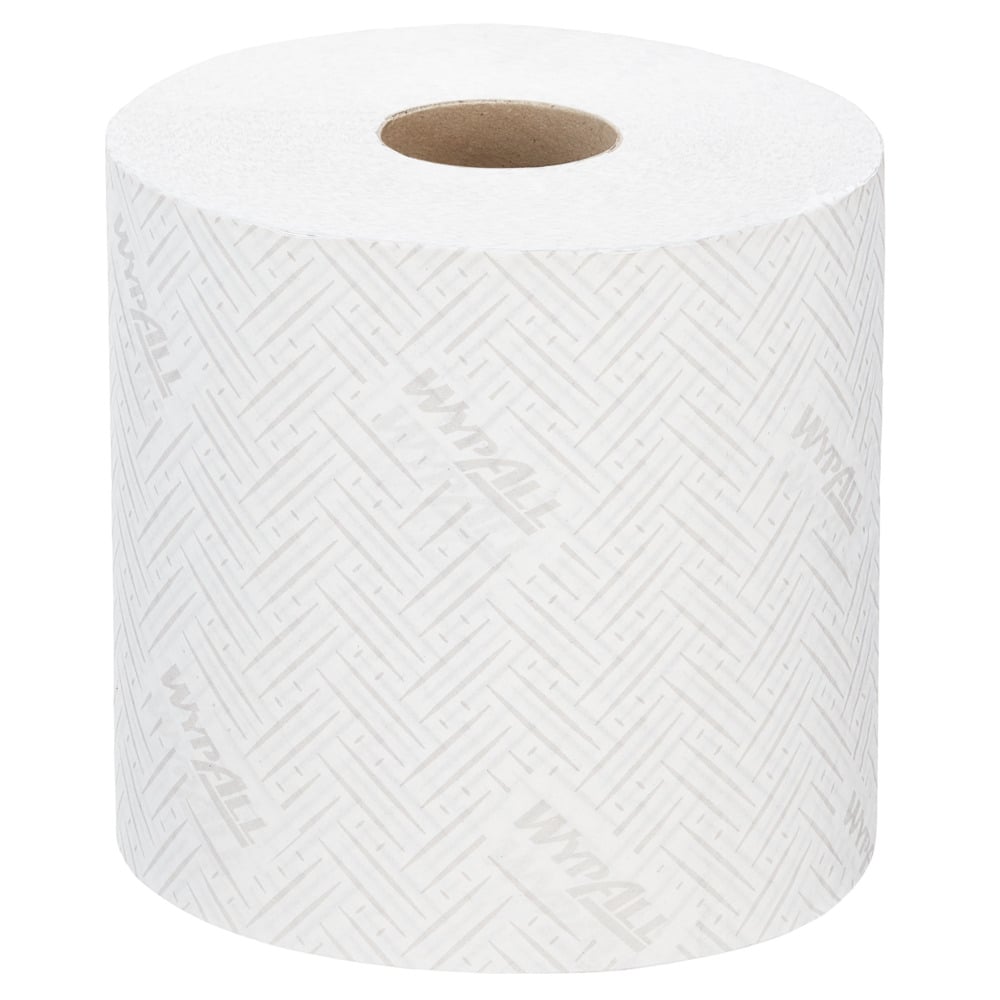 Un rouleau unique de chiffon en papier WypAll® L20 de Kimberly-Clark GmbH (38,00 cm x 18,30 cm) pour les tâches de nettoyage industriel, avec un motif discret et l'impression "WYPALL", est montré inutilisé sur fond blanc.