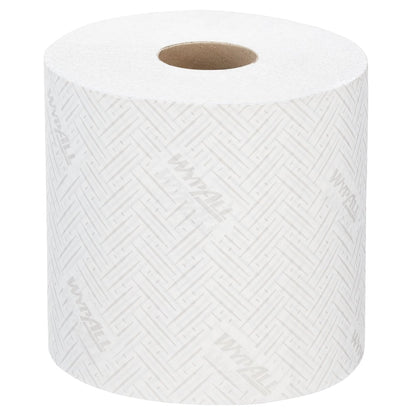 Un rouleau unique de chiffon en papier WypAll® L20 de Kimberly-Clark GmbH (38,00 cm x 18,30 cm) pour les tâches de nettoyage industriel, avec un motif discret et l'impression "WYPALL", est montré inutilisé sur fond blanc.