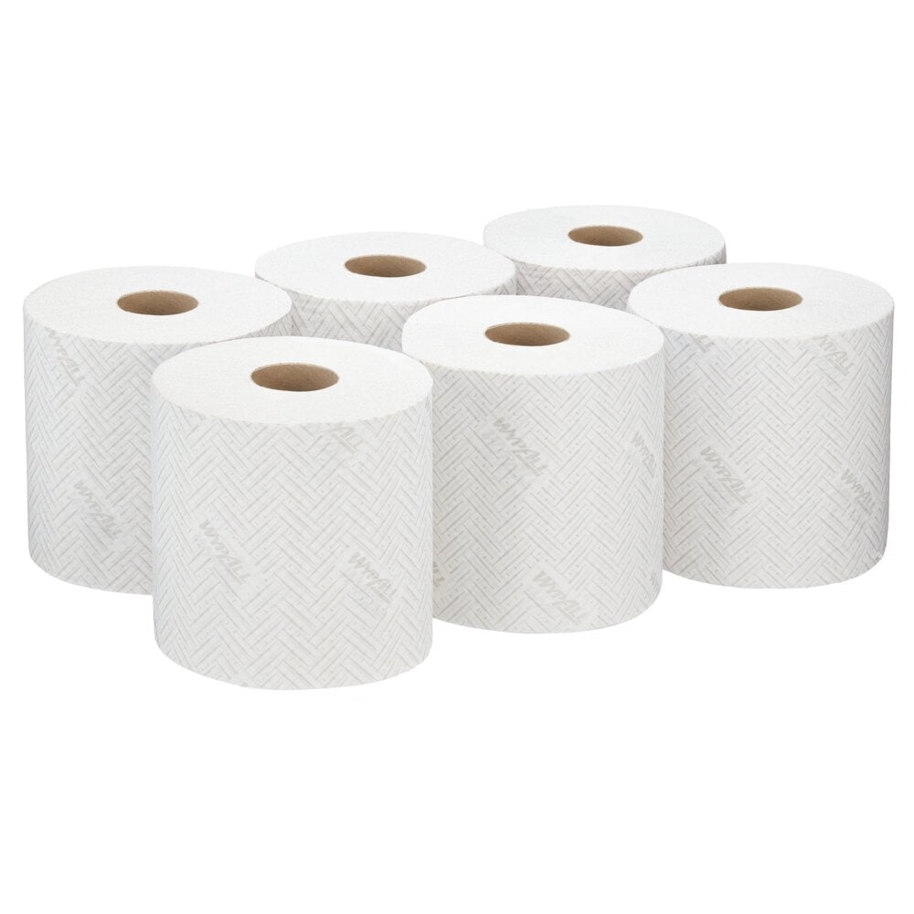 Six rouleaux blancs de chiffon en papier WypAll® L20 de Kimberly-Clark GmbH (38×18,3 cm) sont disposés en deux rangées - parfaits pour la distribution centrale et adaptés aux tâches de nettoyage industriel.