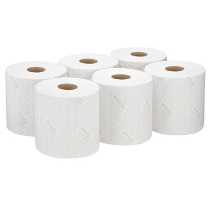 Six rouleaux blancs de chiffon en papier WypAll® L20 de Kimberly-Clark GmbH (38×18,3 cm) sont disposés en deux rangées - parfaits pour la distribution centrale et adaptés aux tâches de nettoyage industriel.