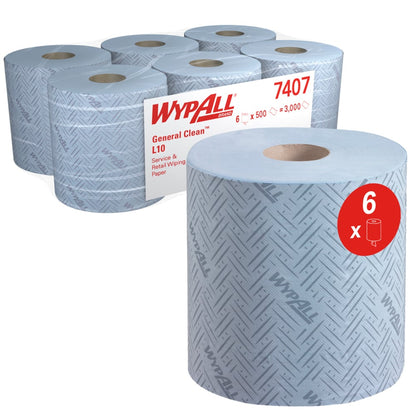 Six grands rouleaux de papier essuie-tout WypAll® L10 de Kimberly-Clark GmbH pour le nettoyage dans les services et le commerce de détail, Centrefeed pour Reach+™ (38x18,3cm), illustrés avec une étiquette de produit : 6 rouleaux/paquet, 500 feuilles/rouleau - idéal pour les systèmes de distributeurs Centrefeed.